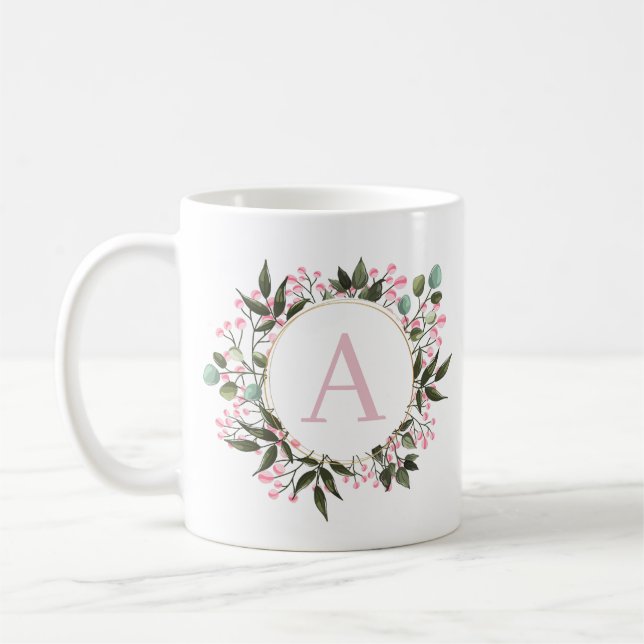 Pink Floral Circle Frame Monogram Editable Initial Coffee Mug (Left)