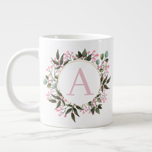 Pink Floral Circle Frame Monogram Editable Initial Large Coffee Mug (Left)