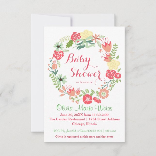 Pink Floral Circle Wreath - 3x5 Baby Shower Invite (Front)