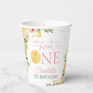 Pink Floral Citrus She's A Sweet One 1st Birthday Paper Cups
