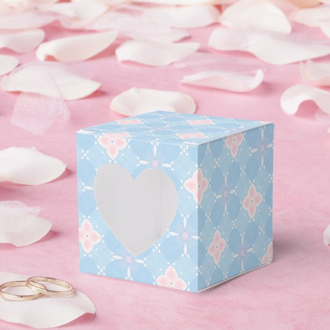 Pink floral clover pattern on soft blue favor box (Wedding)