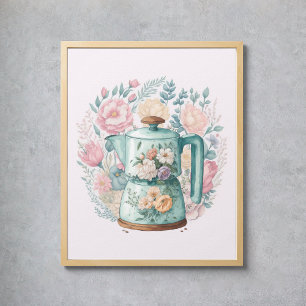 Pink Floral Coffee Kettle Watercolor Kitchen Poster