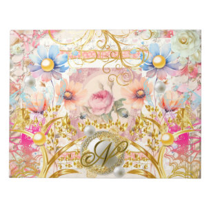 Pink Floral Collage Fairy Gold Bird Monogrammed Notepad