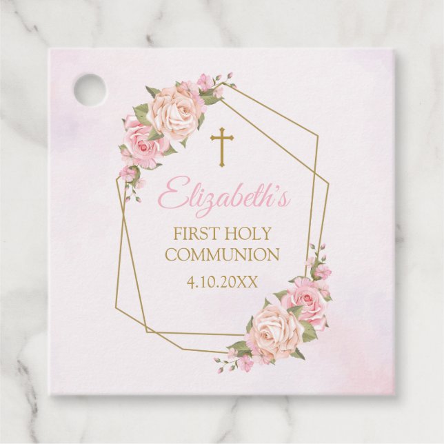 Pink Floral Communion Favour Tags (Front)