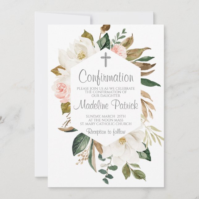 Pink Floral Confirmation  Invitation (Front)