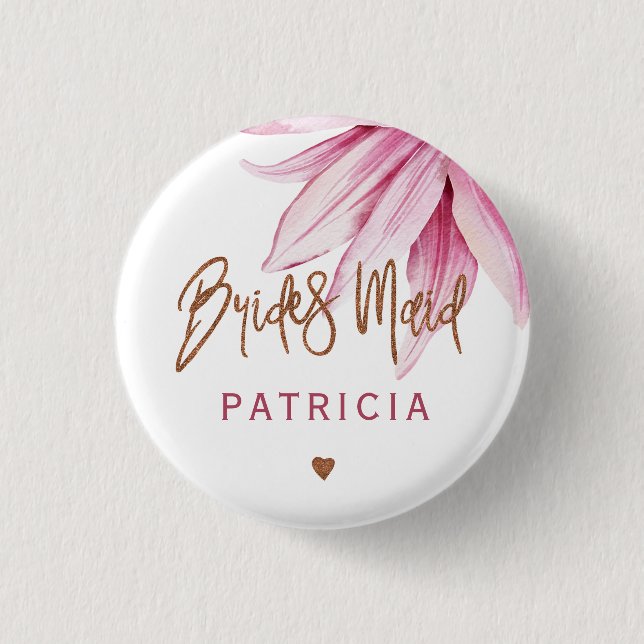 Pink floral copper script bridal shower bridesmaid 1 inch round button (Front)