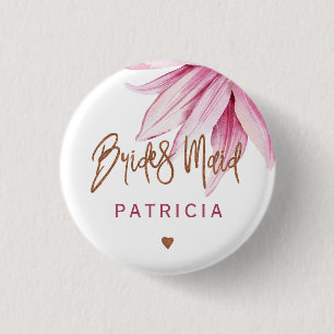 Pink floral copper script bridal shower bridesmaid 1 inch round button