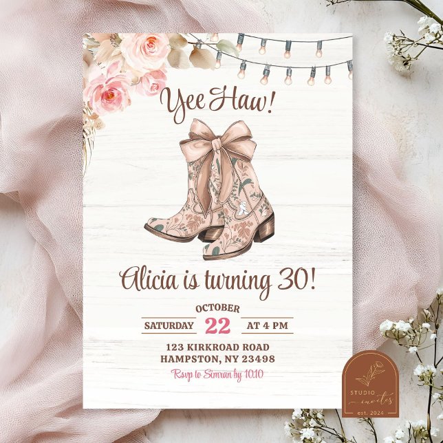 Pink Floral Coquette Boots Birthday Invitation (Creator Uploaded)