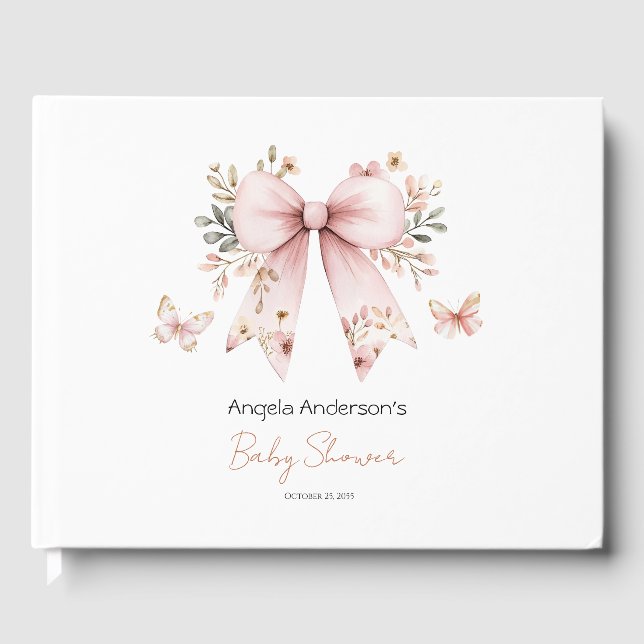 Pink Floral Coquette Bow Baby Shower Guest Book (Front)