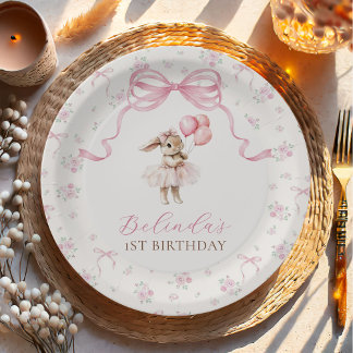 Pink Floral Coquette Bow Bunny 1st Birthday Paper Plate