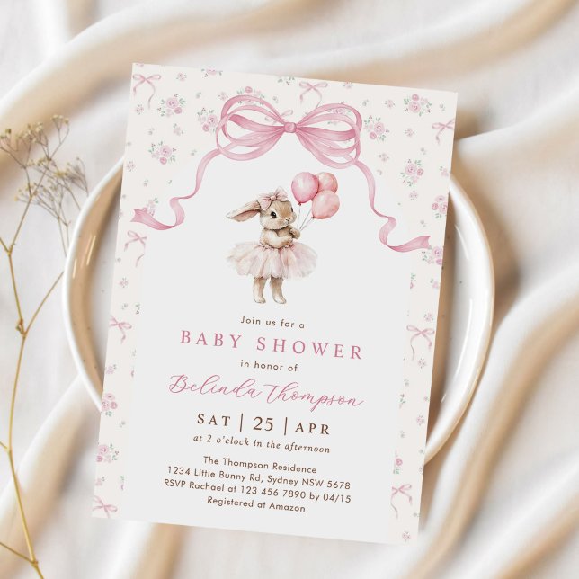 Pink Floral Coquette Bow Bunny Baby Shower Invitation (Creator Uploaded)