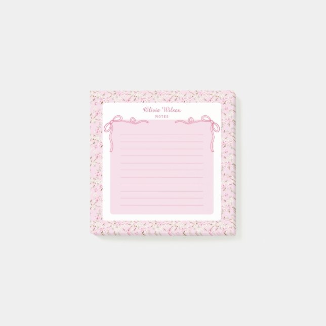 Pink Floral Coquette Bow Custom Name Post-it Notes (Front)