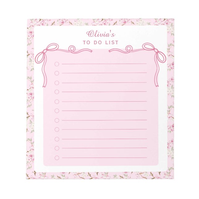 Pink Floral Coquette Bow Custom To Do List  Notepad (Front)