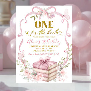 Pink Floral Coquette One for the book birthday Invitation