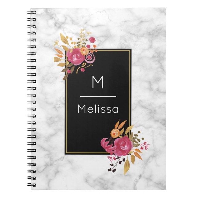 Pink Floral Corner Bouquets on Black Frame Custom Notebook (Front)