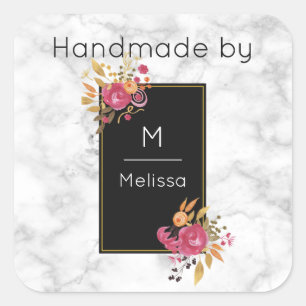 Pink Floral Corner Bouquets on Black Frame Custom Square Sticker