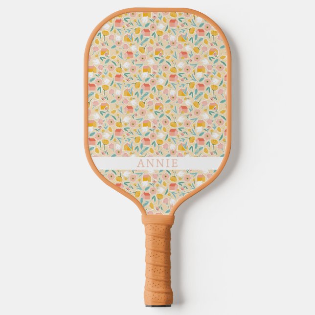 Pink Floral Cottage Personalized Pickleball Paddle (Front)