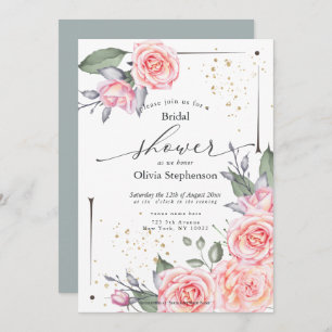 Pink Floral Cottage Roses Bridal Shower  Invitatio Invitation