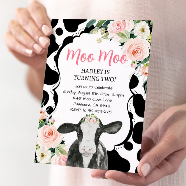 Pink Floral Cow Farm Invitation Anniversaire (Créateur téléchargé)