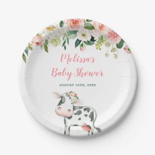 Pink Floral Cow Girl Baby Shower Paper Plate