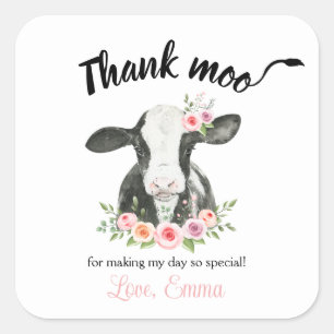 Pink Floral Cow with Cow Print thank you Favour Square Sticker