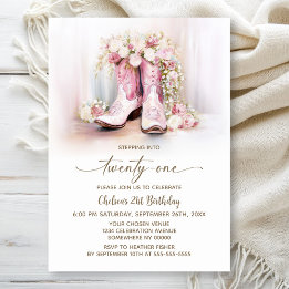 Pink Floral Cowgirl Boots 21st Birthday Party Invitation