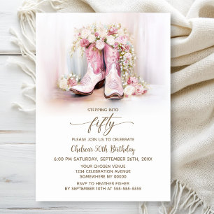 Pink Floral Cowgirl Boots 50th Birthday Party Invitation