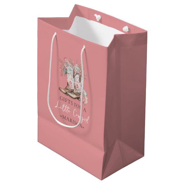 Pink Floral Cowgirl Boots and Greenery Bay Shower Medium Gift Bag (Front Angled)