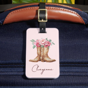 Pink Floral Cowgirl Boots Personalized Western Luggage Tag