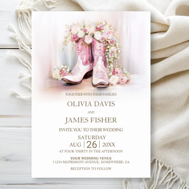 Pink Floral Cowgirl Boots Wedding  Invitation (Creator Uploaded)