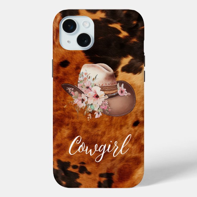 Pink Floral Cowgirl Cowboy Hat Brown Cowhide Case-Mate iPhone Case (Back)