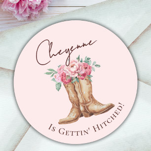Pink Floral Cowgirl Gettin' Hitched Bachelorette Classic Round Sticker