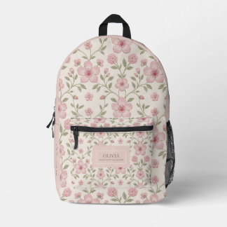 Pink Floral Cream Seamless Pattern with Soft Green Printed Backpack