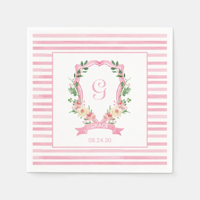 Pink Floral Crest Baby Shower Napkins (Front)