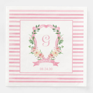 Pink Floral Crest Baby Shower Paper Dinner Napkins