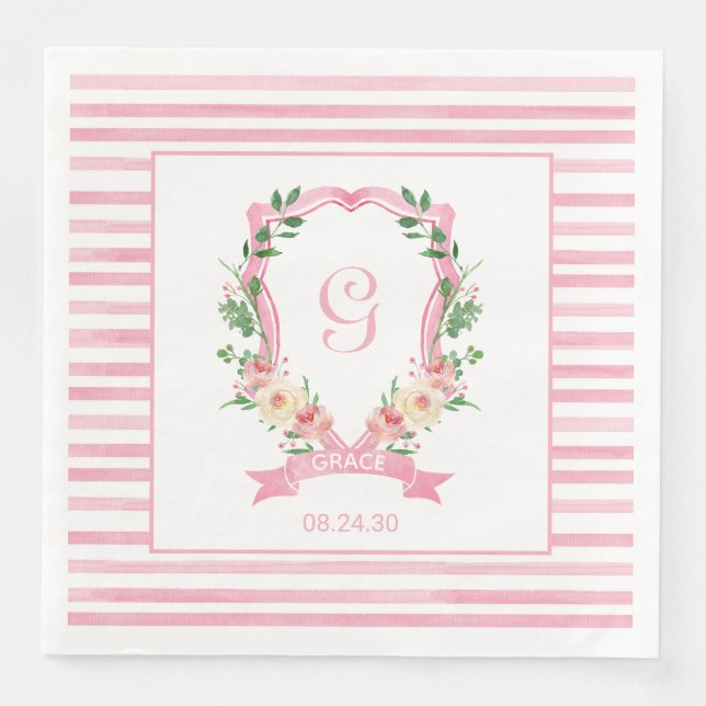 Pink Floral Crest Baby Shower Paper Dinner Napkins (Front)