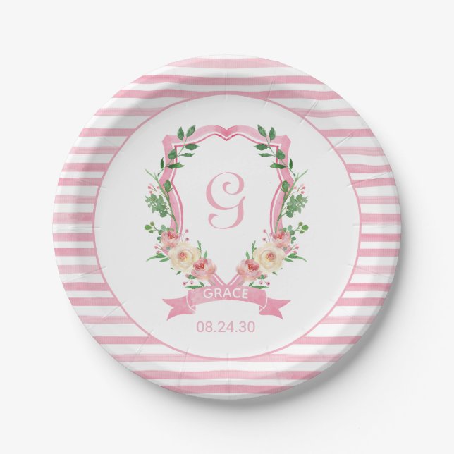 Pink Floral Crest Baby Shower Paper Plate (Front)