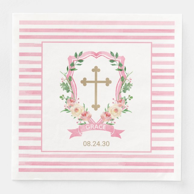 Pink Floral Crest Baptism Napkin (Front)