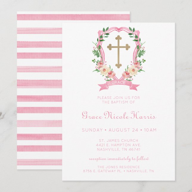 Pink Floral Crest Girl Baptism Invitation (Front/Back)