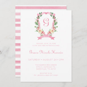 Pink Floral Crest Girl Sip And See Invitation