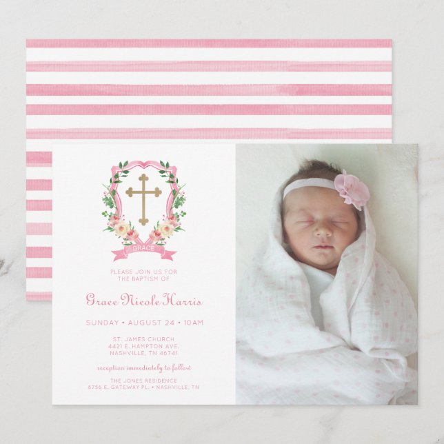 Pink Floral Crest Photo Baptism Invitation (Front/Back)