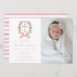 Pink Floral Crest Photo Baptism Invitation