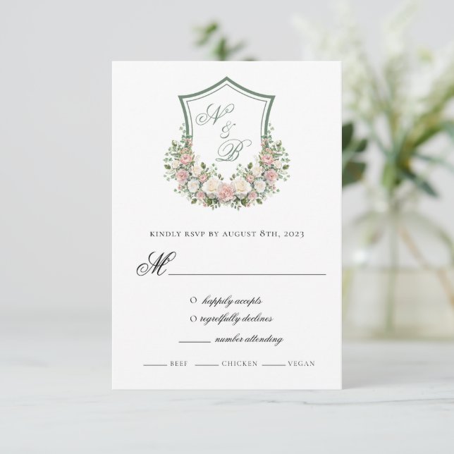 Pink Floral Crest RSVP Card (Standing Front)