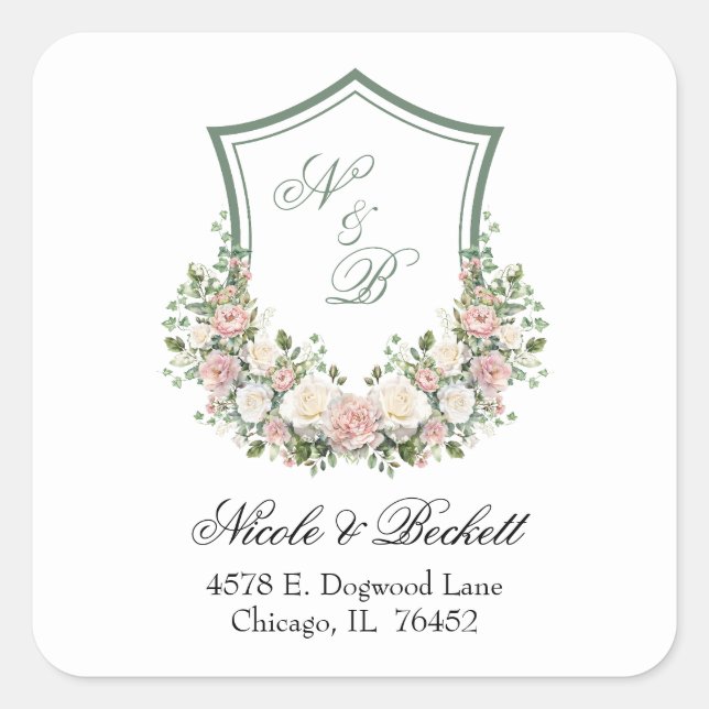 Pink Floral Crest Square Sticker (Front)