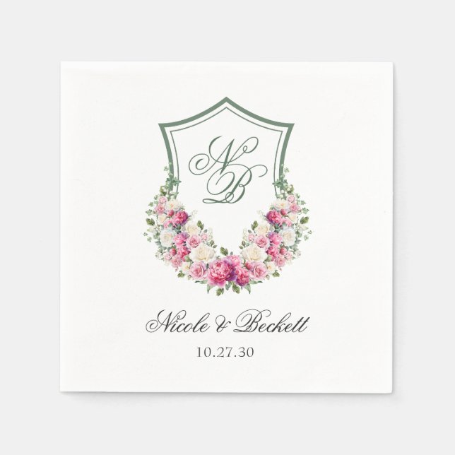 Pink Floral Crest Wedding Napkin (Front)