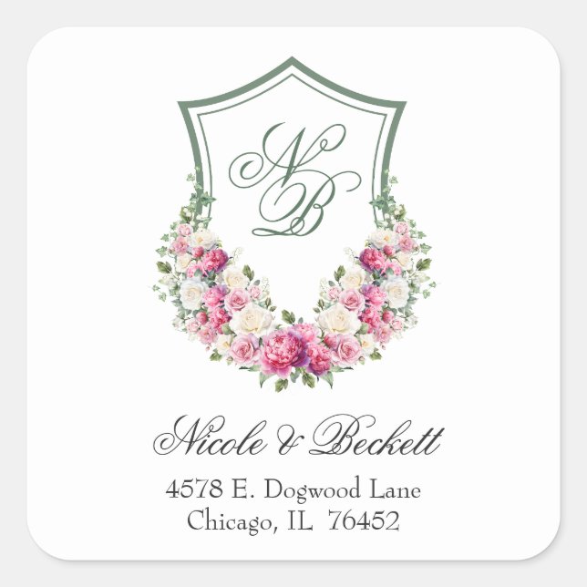 Pink Floral Crest Wedding Return Address Square Sticker (Front)