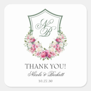 Pink Floral Crest Wedding Thank You Square Sticker