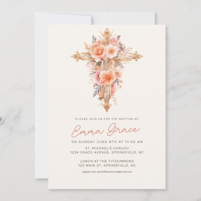 Pink Floral Cross Baptism Invitation (Front)