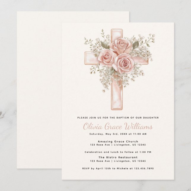 Pink Floral Cross Baptism Invitation (Front/Back)