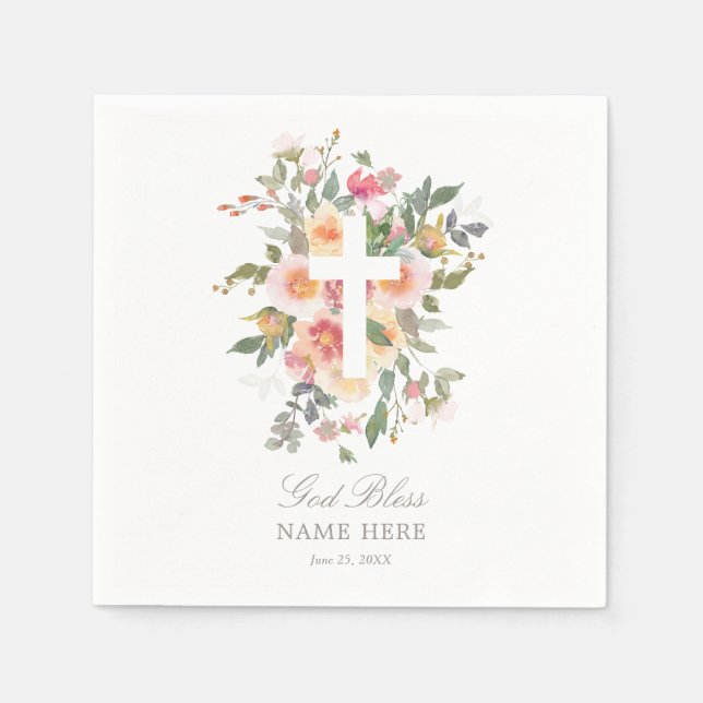 Pink Floral Cross Baptism Paper Napkin (Front)
